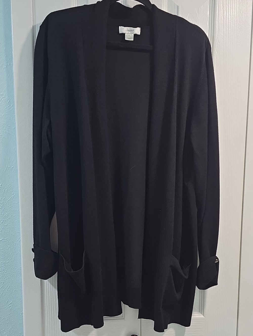 CJ Banks Black Open-Front Draped Cardigan Jacket